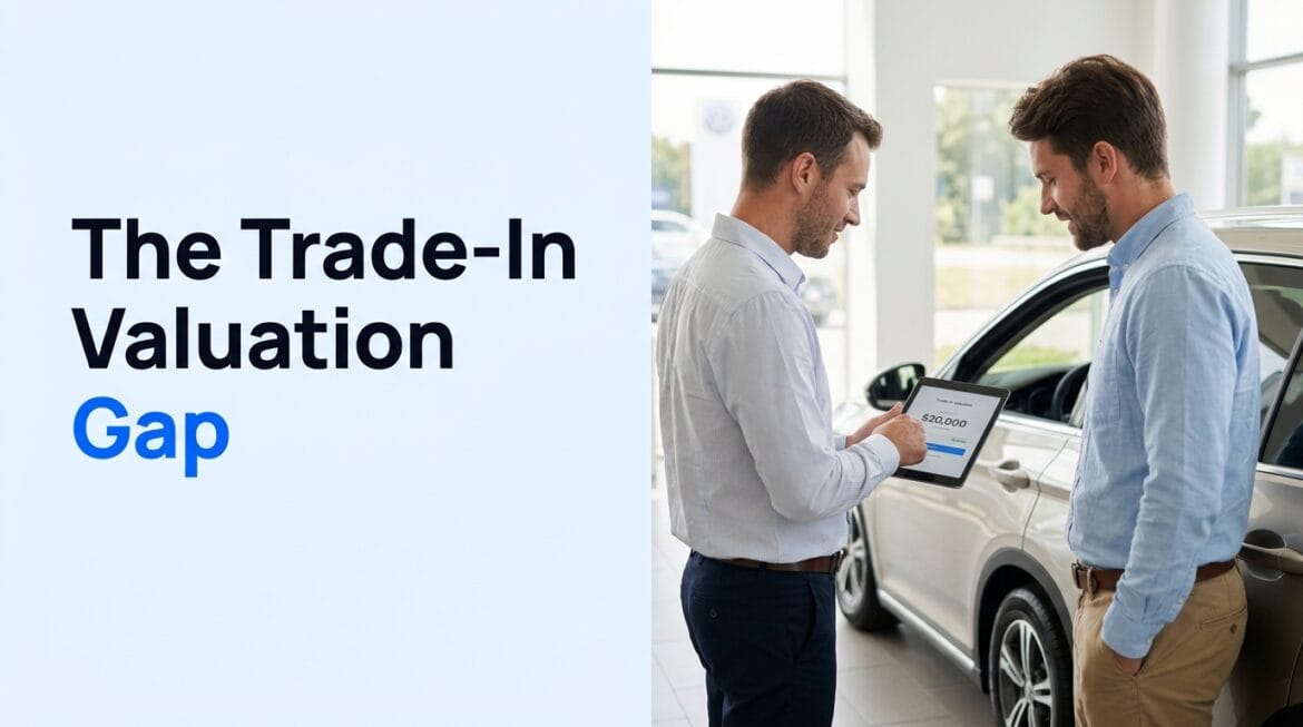 Two men reviewing a trade-in valuation on a tablet beside a car in a dealership showroom, with the title "The Trade-In Valuation Gap"